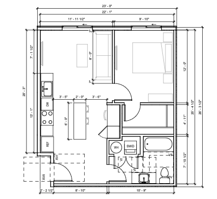 Floor plan for 1 bed, 1 bath, 598 sqft